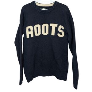 Roots Navy Knit Logo Sweater Wool Blend Crewneck Large